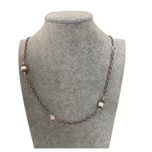 Artisan 925 Silver designer chain diamond crystal n pearl layered necklace NEW